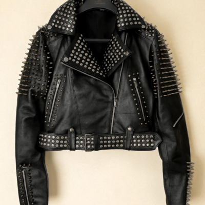 Crafted leather women silver brando punk silver spiked studded cowhide leather jacket  - Thumbnail 2