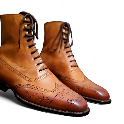 Crafted leather classic dress shoes brown leather wingtip ankle high boot - Thumbnail 1
