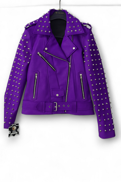 Crafted Leather Women Purple Studded Leather Rock Steam Punk Style Biker Jacket, Women Silver Studs Spiked Jacket