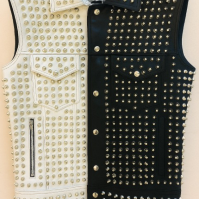 Crafted leather men black/white studded jacket punk style stylish leather vest  - Thumbnail 1