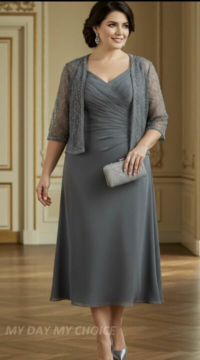 Plus Size Grey A Line Chiffon Lace Tea-length Mother of Bride/Groom Dress Evening Formal Gowns