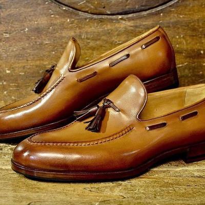 Hot sale men's brown hand stitch tassels loafer leather office shoes