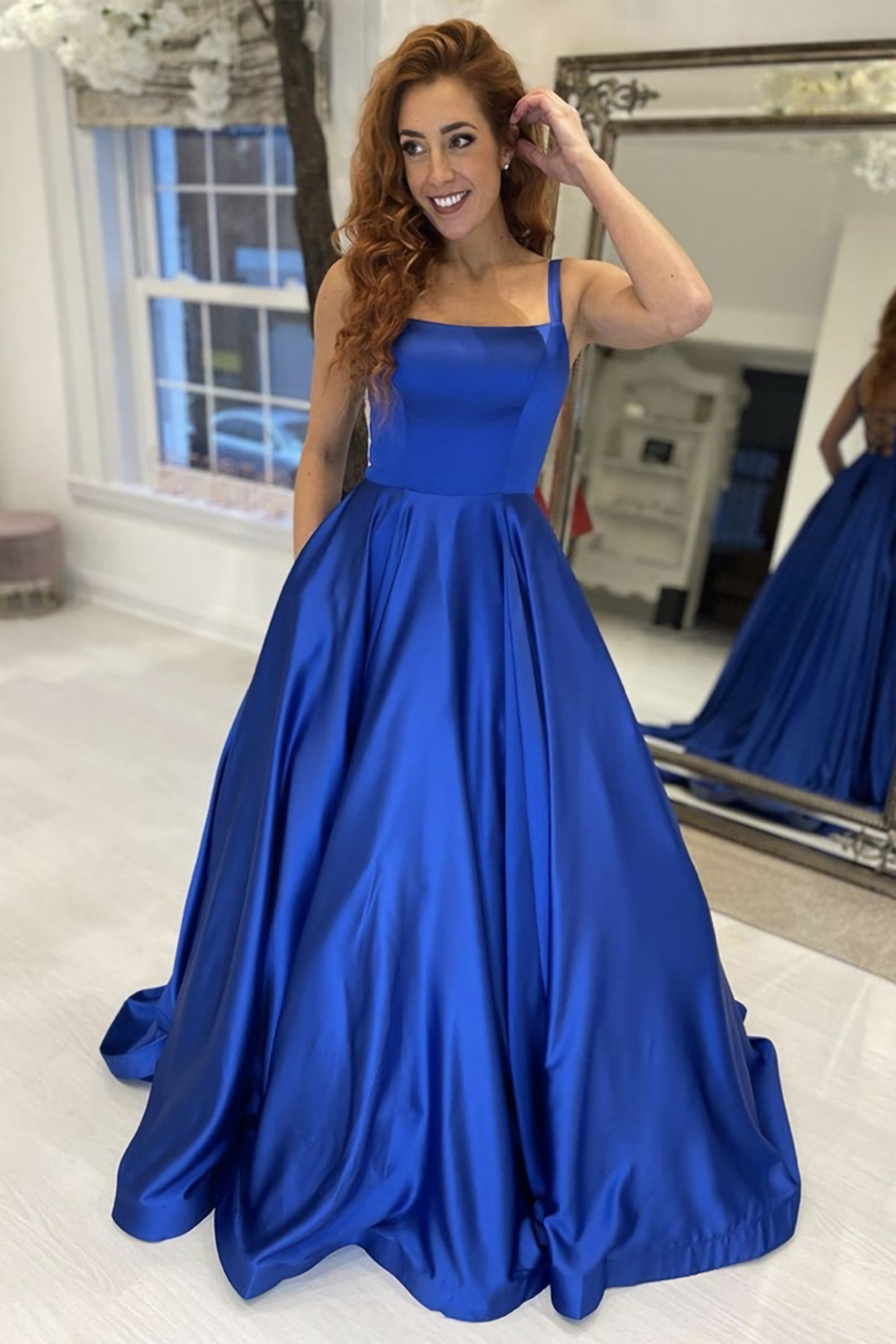 Simple A Line Royal Blue Satin Long Prom Dress, Long Blue Formal Graduation Evening Dress on