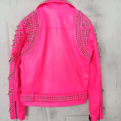 New women punk pink silver long spiked studded brando biker leather jacket