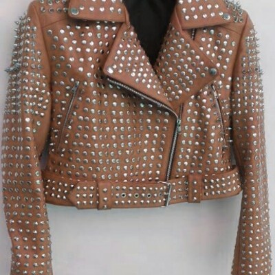 Women's brown genuine cowhide leather silver studded brando style belted jacket