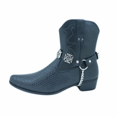 Biker men boot black pair 2 straps motorcycle band cross charm religious church