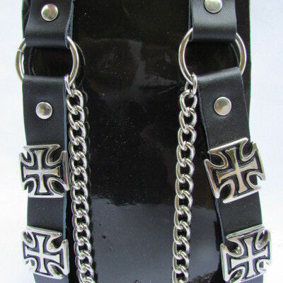 Biker men boot silver chains faux leather straps motorcycle bracelet iron cross