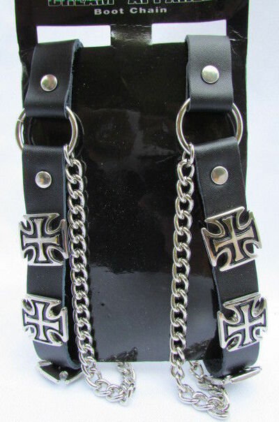 Biker Men Boot Silver Chains Faux Leather Straps Motorcycle Bracelet Iron Cross