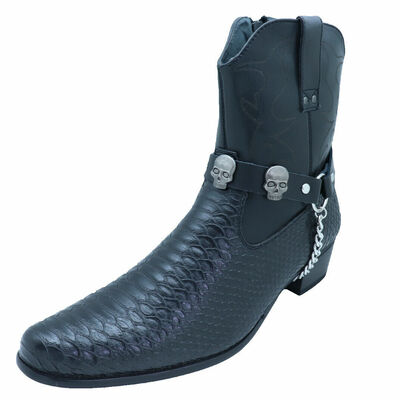 Biker men western boot silver metal chain black 2 straps rocker skull charms