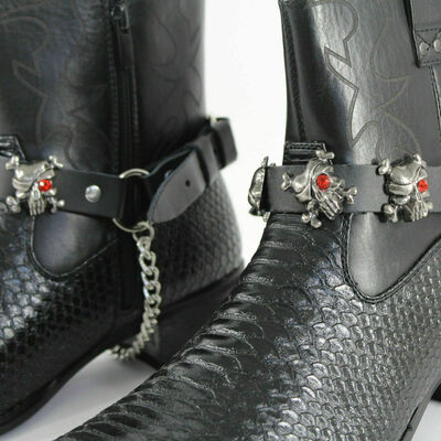 Biker men western boots silver chains pair leather 2 straps metal skulls bones