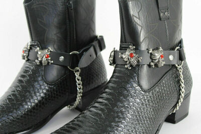 Biker Men Western Boots Silver Chains Pair Leather 2 Straps Metal Skulls Bones