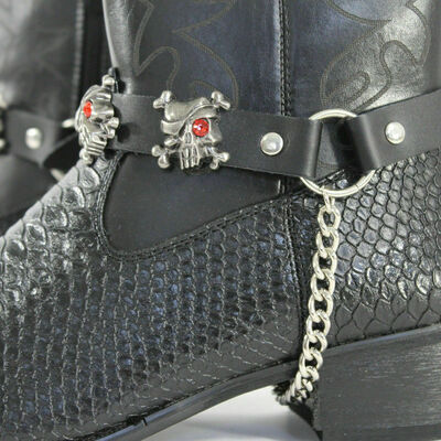 Biker men western boots silver chains pair leather straps skulls pirates