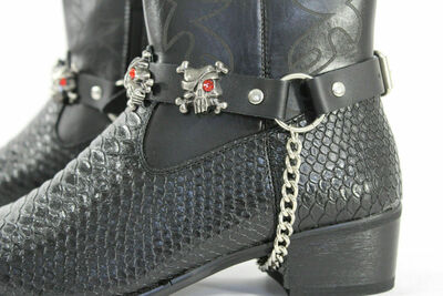 Biker Men Western Boots Silver Chains Pair Leather Straps Skulls Pirates