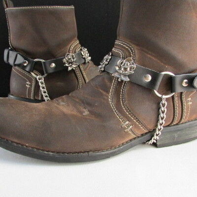 Biker western men boot silver chain pair black leather straps rose flowers