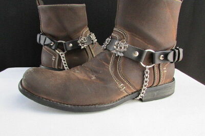 Biker Western Men Boot Silver Chain Pair Black Leather Straps Rose Flowers