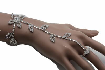 Women Silver Metal Fashion Hand Chain Flower Bracelet Fancy Wedding Bridal