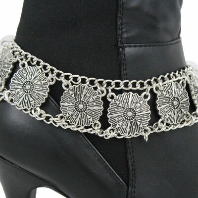 Women boot chain silver metal shoe anklet ethnic vintage flower charm strap