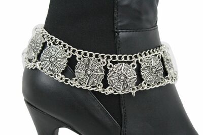 Women Boot Chain Silver Metal Shoe Anklet Ethnic Vintage Flower Charm Strap