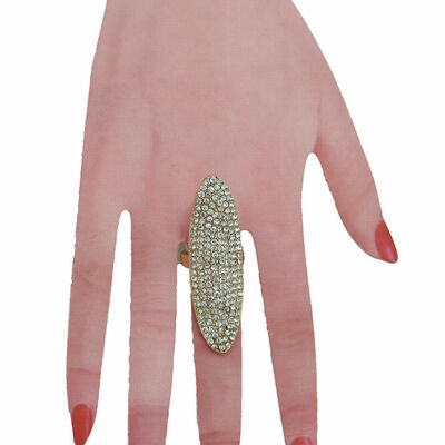 Women fashion jewely ring long gold metal oval shape silver bling size 8
