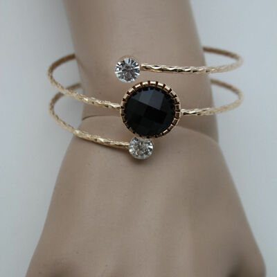 Women gold bangle bracelet fashion jewelry metal wrap around big black bead