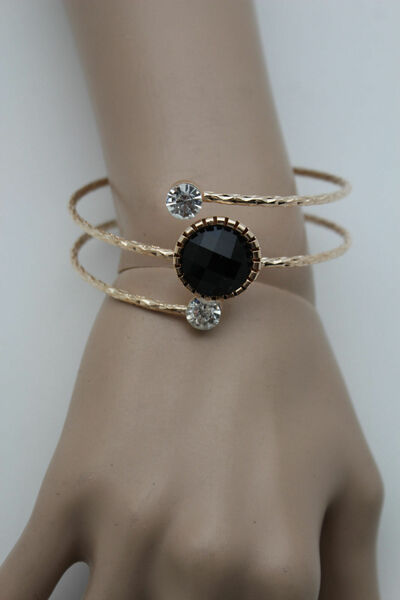 Women Gold Bangle Bracelet Fashion Jewelry Metal Wrap Around Big Black Bead