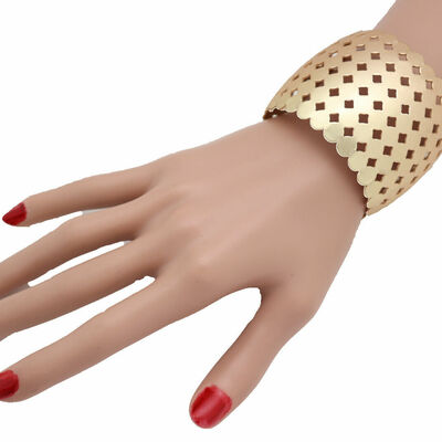 Women gold metal cuff bracelet circle squares geometric disco style fashion