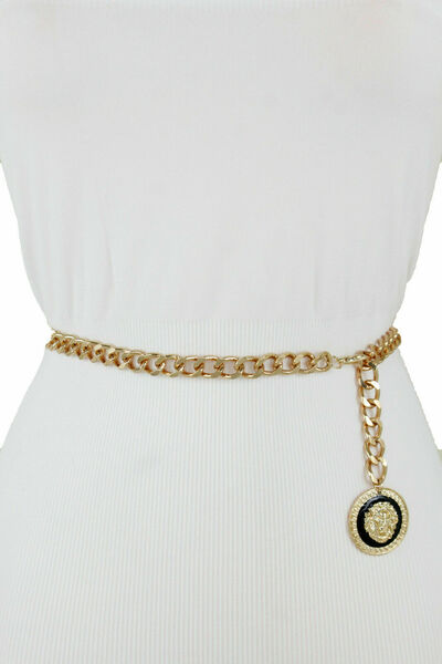 Women Gold Metal Chain Bling Lion Charm Buckle Fashion Special Belt XS S M