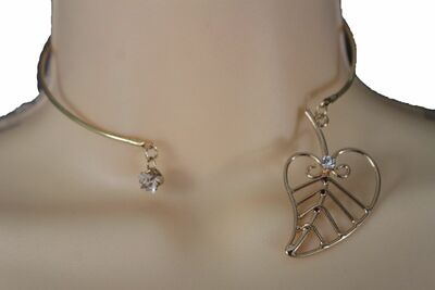 Women Thin Gold Metal Half Band Fashion Choker Short Necklace Leaf Pendant