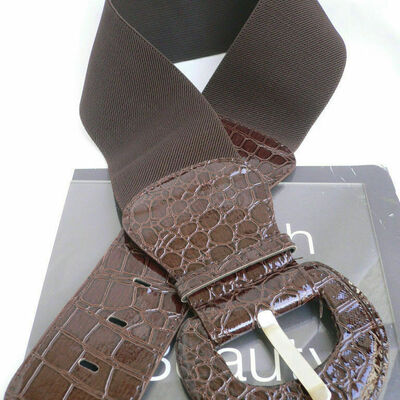 Women hip waist brown elastic wide fashion belt round buckle size xs s m