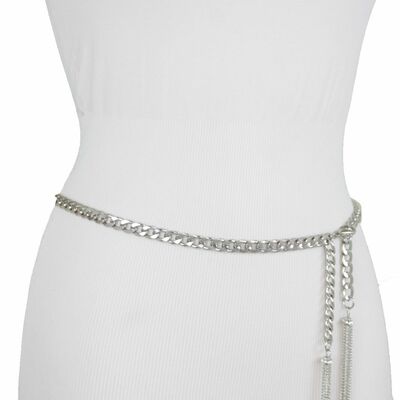 Women hip waist silver metal chain narrow belt fringes tassel buckle xs s m