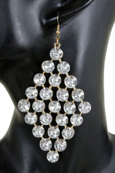 Women Gold Metal Big Bling Silver Rhinestones Fashion Jewelry Earrings 