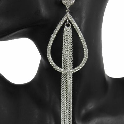 Women long silver metal fringes chain water drop charm jewelry earrings