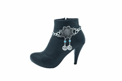 Women Silver Chain Boot Bracelet Shoe Sun Flower Coin Charm Adjustable Size