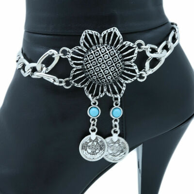 Women silver chain boot bracelet shoe sun flower coin charm western jewelry