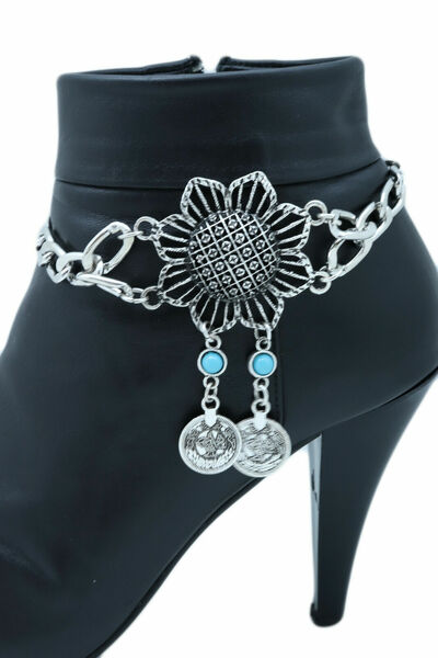 Women Silver Chain Boot Bracelet Shoe Sun Flower Coin Charm Western Jewelry