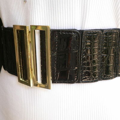 Women hip high waist elastic band black fashion belt gold metal buckle s m