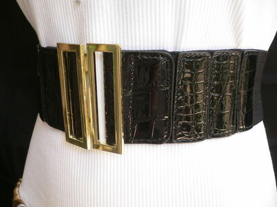 Women HIP HIGH WAIST ELASTIC BAND BLACK FASHION BELT GOLD METAL BUCKLE S M