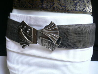 Women HIP WAIST ELASTIC GRAY FAUX LEATHER BELT METAL FANS BUCKLE SIZE S M