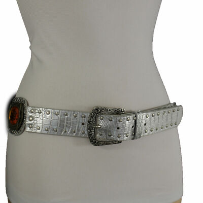 Women belt silver faux leather faux leather western buckle ethnic charms m l