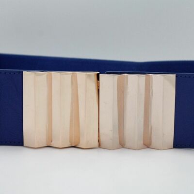 Women blue wide stretch strap belt hip high waist long gold metal buckle s m