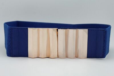 Women Blue Wide Stretch Strap Belt Hip High Waist Long Gold Metal Buckle S M