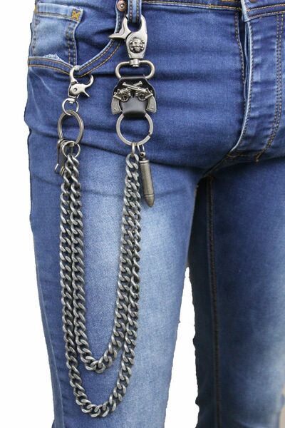 Strong Men Silver Metal Wallet Chain KeyChain Biker Pistole Revolver Gun Bullet