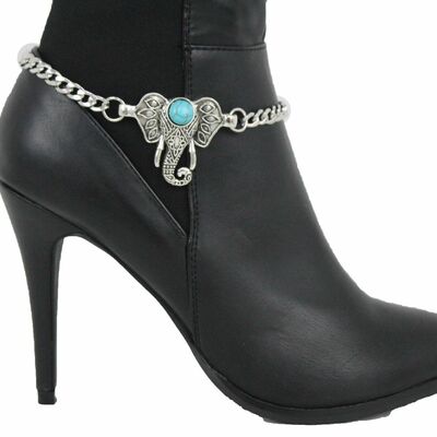 Women boot chain silver metal shoe bling turquoise blue bead elephant charm