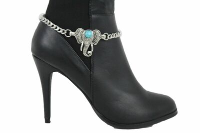 Women Boot Chain Silver Metal Shoe Bling Turquoise Blue Bead Elephant Charm