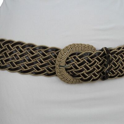 Women classic fashion hip waist belt brown beige braided fabric buckle s m