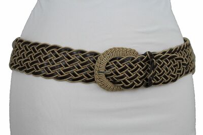 Women Classic Fashion Hip Waist Belt Brown Beige Braided Fabric Buckle S M