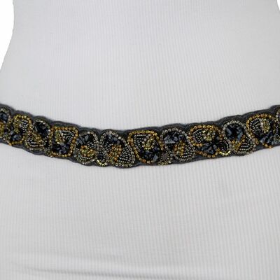 Women elastic skinny gray waistband belt hip high waist bling beads size s m