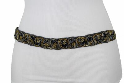 Women Elastic Skinny Gray Waistband Belt Hip High Waist Bling Beads Size S M