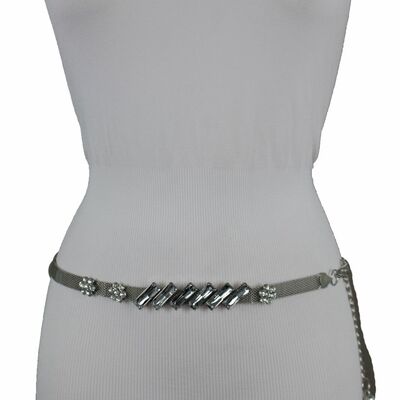 Waist fashion hip dressy silver mesh metal chains belt flower beads charm s m l