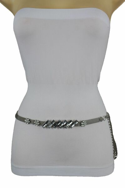 Waist Fashion Hip Dressy Silver Mesh Metal Chains Belt Flower Beads Charm S M L